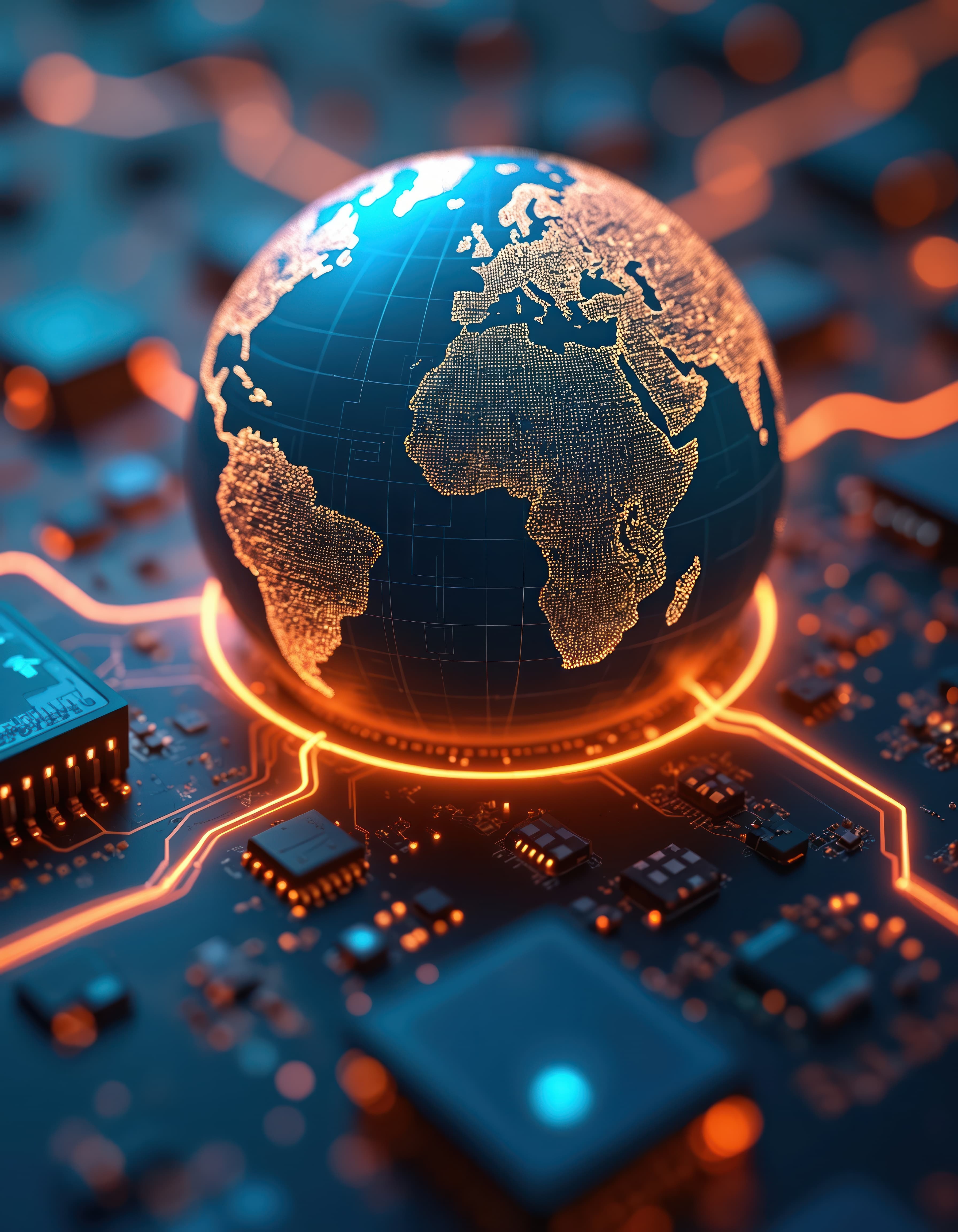 Digital tech globe rests on hi-tech circuit board